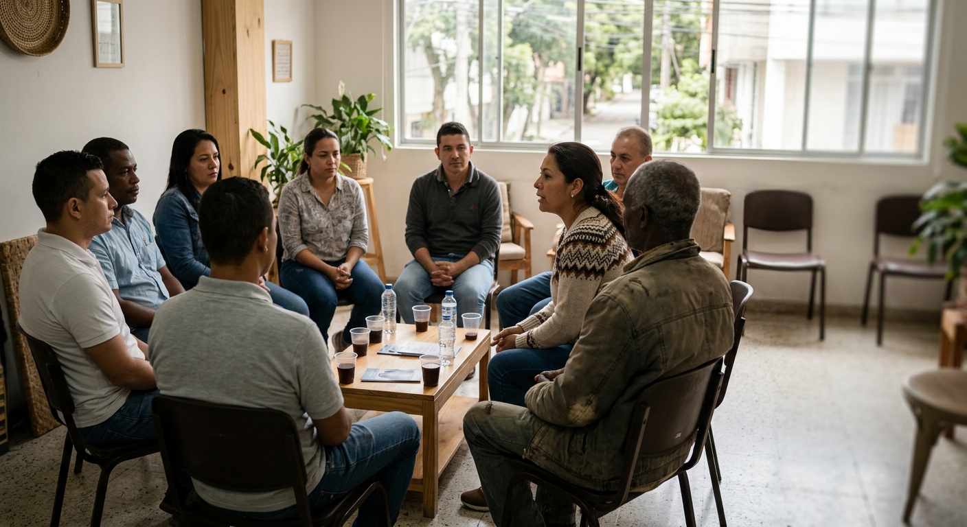Grupo de apoyo reunido en círculo, compartiendo su experiencia